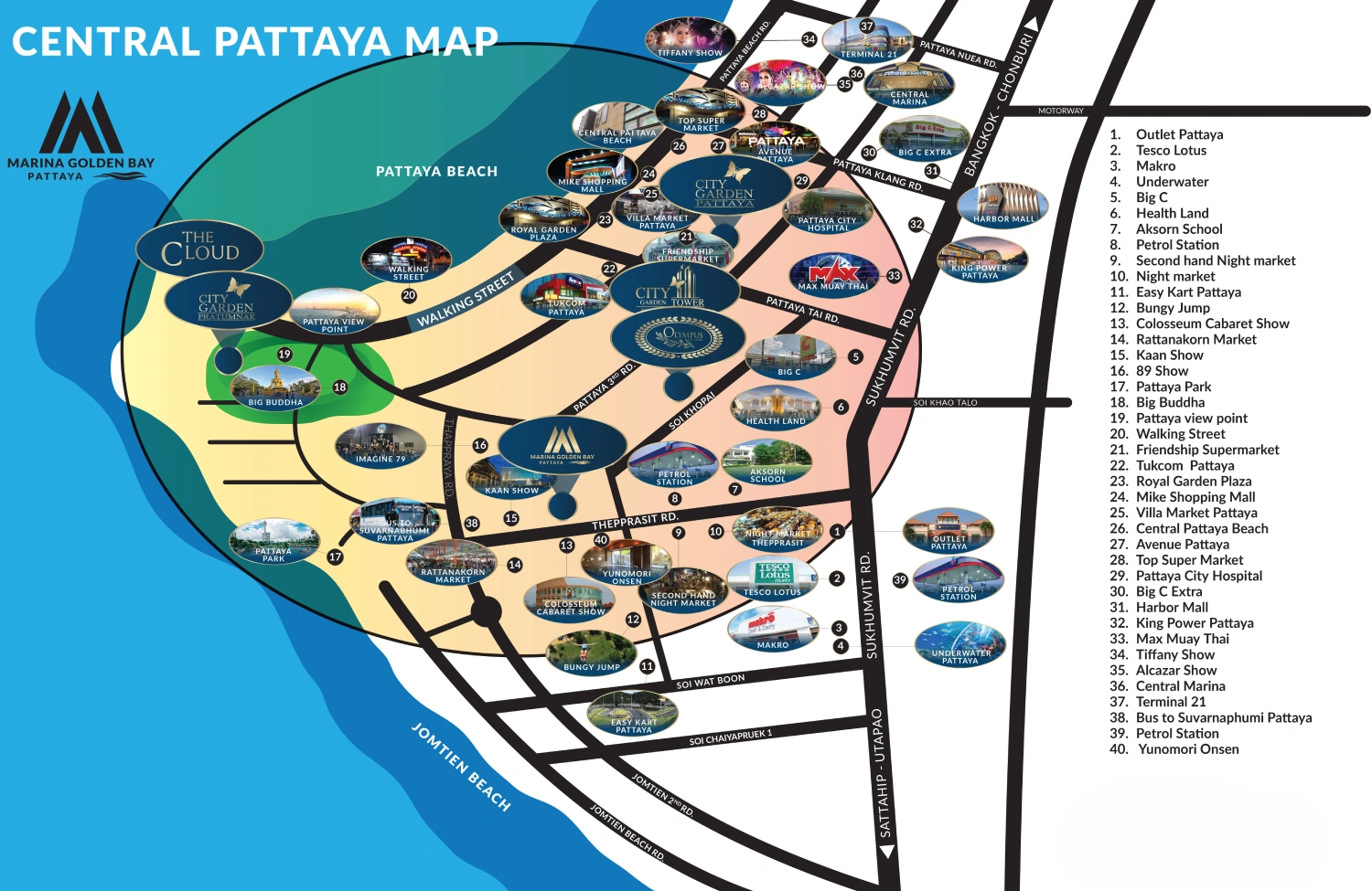Marina Golden Bay Pattaya location map, Central Pattaya